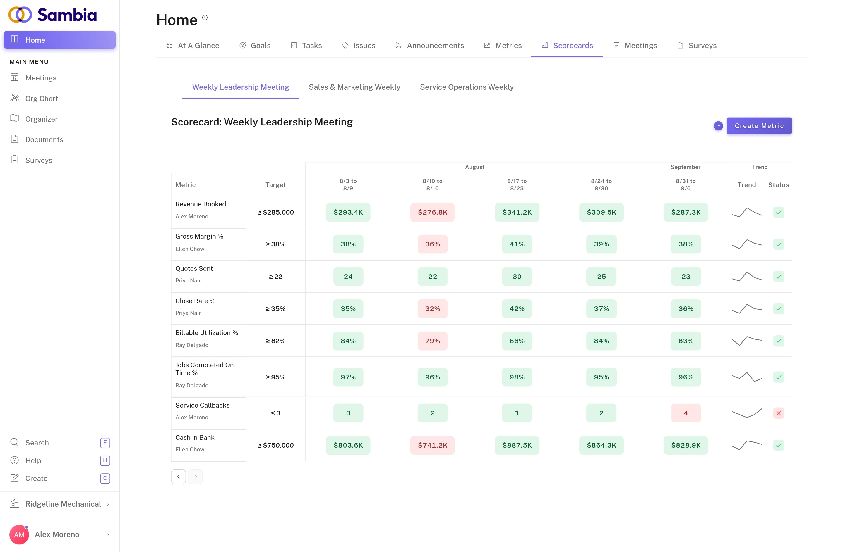 A weekly scorecard: eight metrics with targets, owners, thirteen weeks of results colour-coded on or off track, and a trend line.